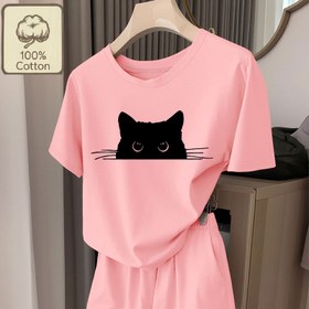 Resim Kadınlar İçin Siyah Kedi "Peek A Boo" Baskılı Yuvarlak Yaka Kısa Kollu Cepli Şort Pijama Takımı 