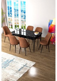 Resim Canisa Zen Serisi 80x132 Mdf Açılabilir Siyah Mermer Desen Masa Takımı Ve 6 Kiremit Sandalye Masa Siyah Mermer Desen Sandalye Kiremit 