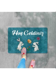 Resim Dijital Baskılı Kapı Önü Paspas Hoşgeldiniz Yazılı Çiçek Desen Ve Tavşan Iç Ve Dış Kapı Yıkanabilir Bej 