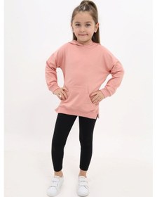Resim Toontoy Kids Toontoy Kız Çocuk 2'li Takım Baskılı Kapüşonlu Düşük Omuz Cepli Yırtmaçlı Sweatshirt & Basic Düz Tayt Mercan 