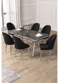 Resim Canisa Pem Serisi 90x160 Lak Panel Antrasit İroni Krom Ayak Masa Takımı 6 Siyah Sandalye Antrasit İroni Masa Siyah Sandalye Ayaklar Krom 