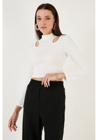 Resim Lela Esnek Slim Fit Cut Out Pencereli Dik Yaka Crop Bayan Bluz 5865348 Beyaz 