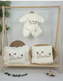 Resim Gros Shop Müslin Yeni Doğan 4katlı Organik %100pamuk Kişiye Özgü Nakışlı Hastane Çıkış Seti 3'lü Kelebk Model Ekru-3 