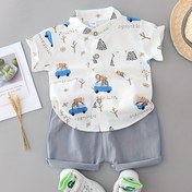 Resim Bebek erkekler için yazlık kıyafet, hayvan desenli kısa kollu gömlek ve şort takımı, rahat stil, %100 pamuk, çocuk erkekler için moda, dış mekan kıyafeti 