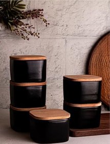 Resim Amandus Luma Soft Siyah - 6'lı Ahşap Vakumlu Kapaklı Seramik Kahvaltılık Seramik Kase Çerezlik 300 ml Siyah Tek Ebat 