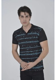 Resim Erkek Yakalı Slim Fit Pike Çizgili T-shirt - Siyah 