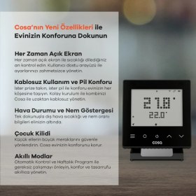 Resim Cosa Akıllı Oda Termostatı V5 Kablosuz Kontrol ile Siyah Renk Dijital Ekran Özellikli 