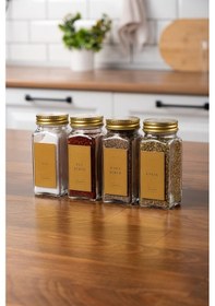 Resim Mienda Home 4'lü Cam Baharatlık Seti Gold Kapaklı Etiketli Baharatlık Takımı Mh00gld04 Gold - Şeffaf 
