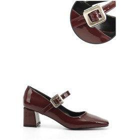 Resim Gönderi R Bordo Rugan Küt Burun Kare Ökçe Mary Jane Ayakkabı Bordo Rugan 