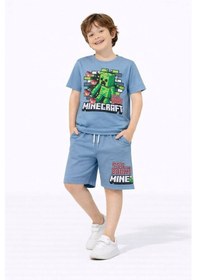 Resim Miniko Kids Erkek Çocuk Mınecraft Desenli Pamuk Şortlu Takım Mavi 