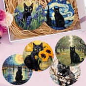 Resim 6'lı Ahşap Bardak Altlığı Seti - Van Gogh Kedi Ahşap Sanat Bardak Altlığı Kaymaz Masa Koruma ve Hediye Dekoratif Bardak Altlığı, Isıya Dayanıklı ve Kaymaz Masa Matı, Mutfak Malzemeleri, İç Mekan Dekorasyonları 