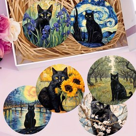 Resim 6'lı Ahşap Bardak Altlığı Seti - Van Gogh Kedi Ahşap Sanat Bardak Altlığı Kaymaz Masa Koruma ve Hediye Dekoratif Bardak Altlığı, Isıya Dayanıklı ve Kaymaz Masa Matı, Mutfak Malzemeleri, İç Mekan Dekorasyonları 