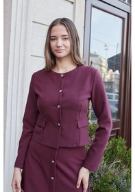 Resim Kadın Hafif Esnek Kumaş Geniş Sıfır Yaka Cep Kapaklı Uzun Kol Dar Kesim Hafif Kısa Blazer Ceket-bordo Bordo 