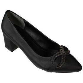 Resim Yazkış Kadın Siyah Gümüş Saten Kumaş Üzeri Tokalı 5cm Kalın Taban Abiye Ayakkabı Siyah 