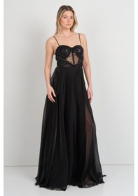 Resim Doridorca Kadın İp Askılı Payetli Uzun Abiye Elbise 6031 Siyah Siyah 