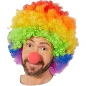 Resim TE Dükkan Gökkuşağı Afro Peruk ve Kırmızı Sünger Burun 