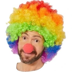 Resim TE Dükkan Gökkuşağı Afro Peruk ve Kırmızı Sünger Burun 