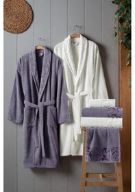 Resim Fiesta Kısmi Kadife Jakarlı %100 Pamuklu Aile Bornoz Seti Mor 