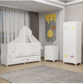 Resim Melina Yıldız 2 Kapaklı Bebek Odası + Yatak + Uyku Seti - Uykucu Beyaz 