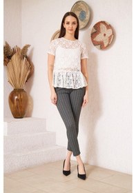 Resim Darlin Moda Beyaz Dantelli Yakası Boncuk Detaylı Astarsız Bluz DM10331 Beyaz 