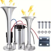 Resim S-503 Meshuba 12V 130dB Süper Yüksek Sesli Çift Elektrikli Hava Kornası Kiti Araçlar İçin - Kompresör ile, Arabalar, SUV'lar, Kamyonlar, Tekneler için Uygundur (Gümüş) 