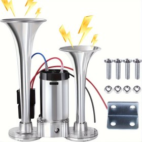 Resim S-503 Meshuba 12V 130dB Süper Yüksek Sesli Çift Elektrikli Hava Kornası Kiti Araçlar İçin - Kompresör ile, Arabalar, SUV'lar, Kamyonlar, Tekneler için Uygundur (Gümüş) 