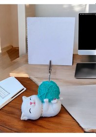 Resim Turkuaz Yumaklı Yatan Kawaii Kedi Temalı Not Tutacağı Fotoğraf Tutacak Tutucu Ofis Hediyelik Turkuaz 