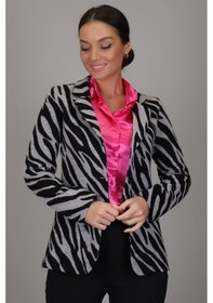 Resim Sweetness Kadın Siyah Gri Zebra Desenli Astarsız Tek Düğme Ceket Gri 