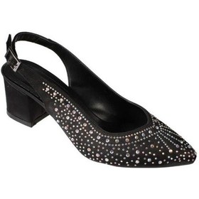 Resim Yazkış Kadın Siyah Gümüş Saten Işın Taşlı 5cm Kalın Topuk Önü Kapalı Arkası Açık Abiye Ayakkabı Gümüş 