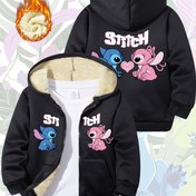 Resim Kızlar İçin Disney Stitch Desenli, Peluş Astarlı ve Rüzgar Geçirmez Kışlık Kapüşonlu Fermuarlı Ceket 
