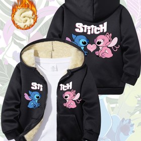 Resim Kızlar İçin Disney Stitch Desenli, Peluş Astarlı ve Rüzgar Geçirmez Kışlık Kapüşonlu Fermuarlı Ceket 