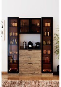 Resim Sierra Temperli Cam 4 Kapaklı Ledli Kahve Köşesi Mutfak Kiler Dolabı Çam Atlantik Çam 