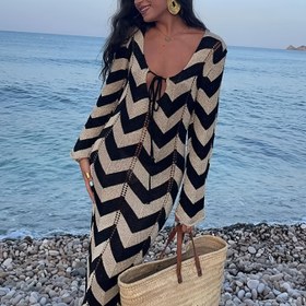 Resim Kadınlar İçin Plaj Kulübü Elbisesi, Yaz Tatili Renk Blok Uzun Kollu Maksi Etek 