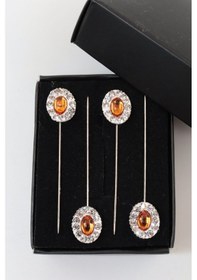 Resim Numetal 4 Lü Oval Turuncu Taşlı Eşarp İğnesi. Şal İğnesi. Türban İğnesi. Başörtü İğnesi. Eşarp Ve Şal İğnesi Gümüş 