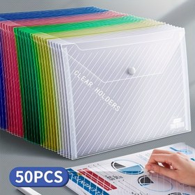 Resim 50 adet, Karışık Renk + Beyaz, Şeffaf A4 Dosya Çantası, Düğmeli Saklama Çantası, Ofis Düzenleyici ve Dosya Çantası için, Okula Dönüş Malzemeleri 