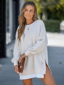 Resim Afri Kadın Oversize Sweatshirt Yan Fermuar Detaylı Uzun Kollu Ekru Tunik Ekru 