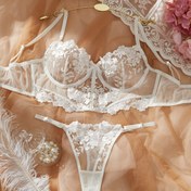 Resim Kadınlar İçin Şık Beyaz Çiçekli Dantel ve Kurdele Detaylı Yarı şeffaf Sütyen & Altlığa Ayarlanabilir Thong Takım - Dolgusuz, Rahat Günlük Kullanim Ve Özel Etkinlikler iç çağırışı, ile Romantic Floral Deseniyle Sık şekillendiren külotlar 