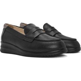 Resim Derimod Kadın Siyah Dolgu Topuklu Deri Comfort Loafer 26PFD410418 