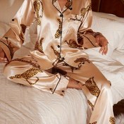 Resim Şık Sonbahar ve Kış Leopar Desenli Uzun Kollu Uzun Pantolon Kadın Pijama Takımı 