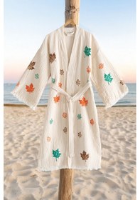 Resim Varol Organik %100 Pamuk Kimono Yaka Sabalık Bornoz Plaj Elbisesi - Sonbahar - L/xl Krem/l/xl Krem 