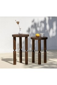 Resim AYLESA Ahşap 2’li Set Piloti Yan Sehpa Modern Fiskos / Çiçeklik Ceviz Renk 