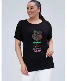 Resim Kadın Büyük Beden Arka Çapraz İp Detay Baskılı Siyah Bluz Siyah 