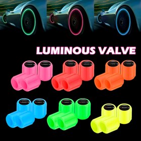 Resim 4 adet Luminous Valve Covers ile Spor Logosu - Floresan Yeşil, Mavi, Pembe, Turuncu, Sarı ve Beyaz Hexagonal ABS Toz Kapakları, Tüm Araç Tipleri için Uygun, Valf Çubukları için Uygun, Araç Özelleştirme, Canlı Valf Kapakları, Dayanıklı Valf Kapakları 