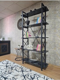 Resim Zafir Çıkıntılı Siyah Boyalı Kitaplık - 5 Raflı Suntalem Lüks Kitaplık Siyah Mermer 