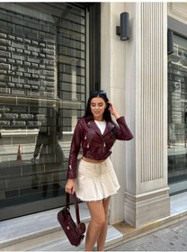 Resim Kadın Kısa Crop Suni Deri Biker Ceket Bordo Bordo 