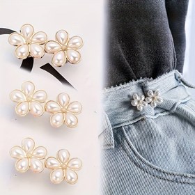 Resim 1 Çift/3 Çift Yapay İnci Beş Yapraklı Çiçek Detachable Dikişsiz Düz Bel Kemer, Ayarlanabilir Düğmesiz Bel Sıkılaştırıcı 