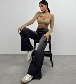 Resim Fitilli Bra Bolero Bej Crop Takım - M 