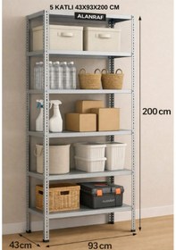 Resim Çelik Raf 5 Katlı 43x93x200 Dekoratif Raf Sistemleri, Depo Rafı, Arşiv Rafı, Kiler Rafı, Mutfak Rafı Galvaniz 
