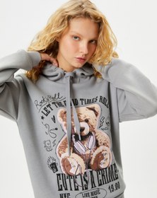 Resim Şardonlu Kapşonlu Sweatshirt Ayıcık Baskılı Rahat Kalıp Uzun Kollu Pamuklu 