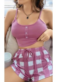 Resim Kadın Pembe Kareli Desenli Askılı Şortlu Pijama Takım 5003 Pembe 